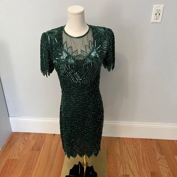 Denise Elle Vintage 80s Black Beaded Sequin Silk Cocktail Jagged Hem Dress PS - Picture 10 of 13